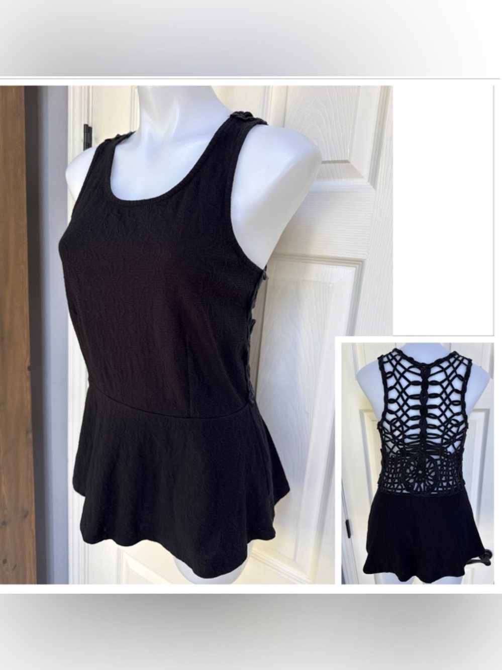 FREE PEOPLE Black Floral Textured Peplum Tank Top Cutout crisscross Back sz L